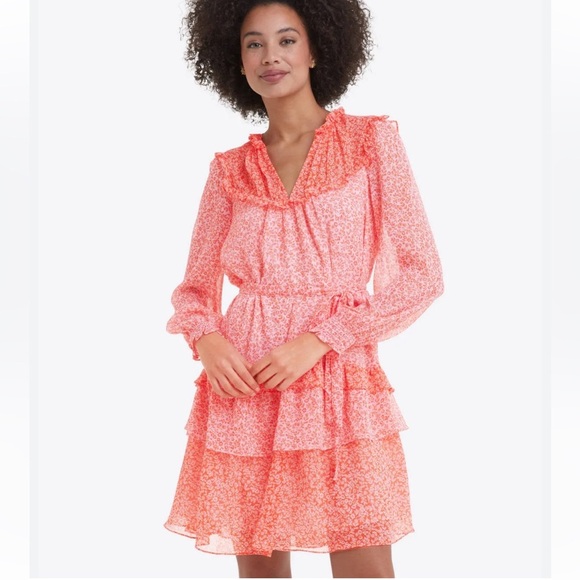 New Draper James Chiffon floral print pink knee length long sleeve Dress - Picture 1 of 9